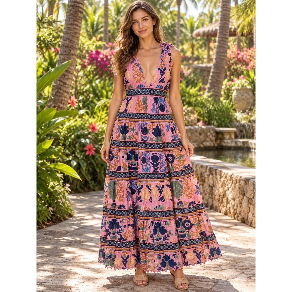FARM RIO Pink Tropical Floral Tie Shoulder (L) Cotton Maxi Dress Romantic Cruise